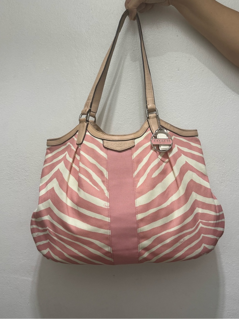 Coach Pink and Cream Zebra-Print Canvas Tote with Tan Leather Trim